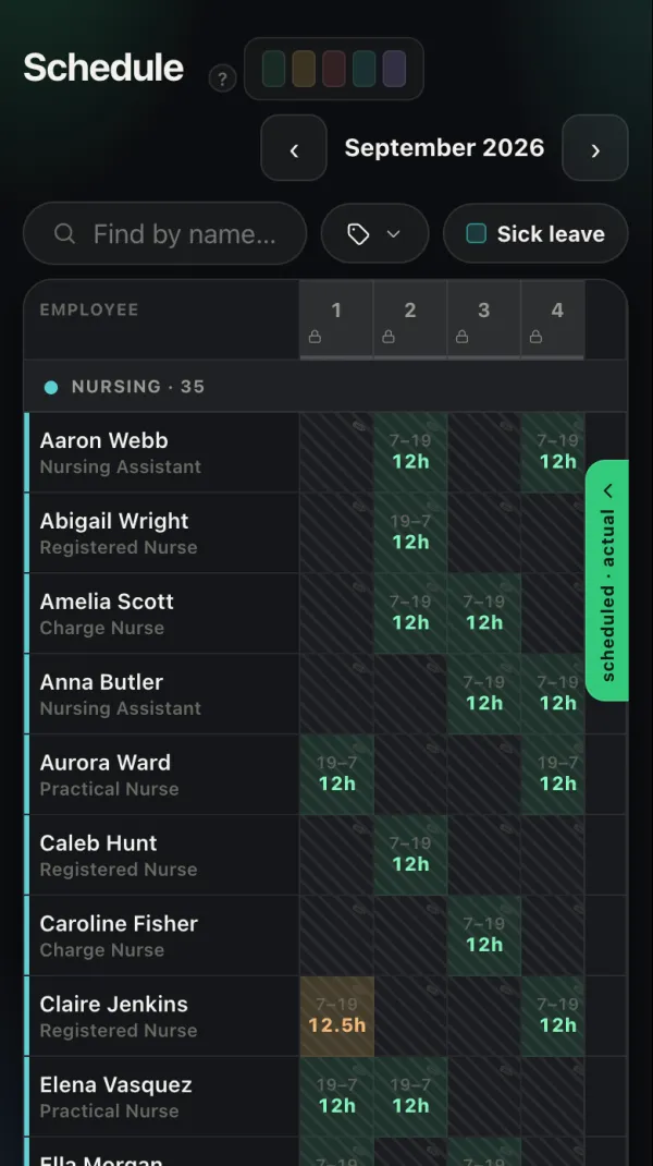 The same schedule on a phone. All names and numbers are fictional.