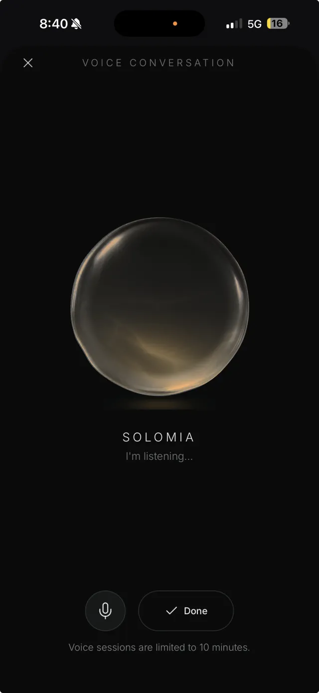 Voice conversation with Solomia, shown as a golden droplet