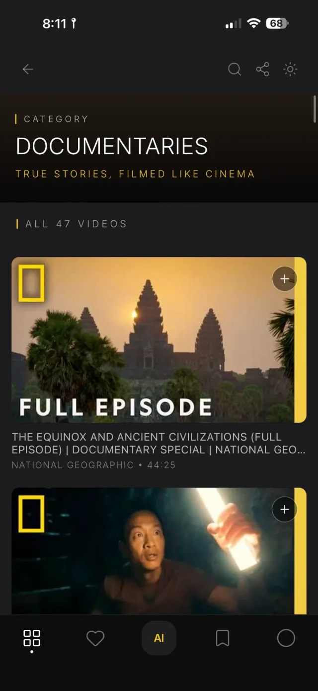 Documentaries category with the line “True stories, filmed like cinema”