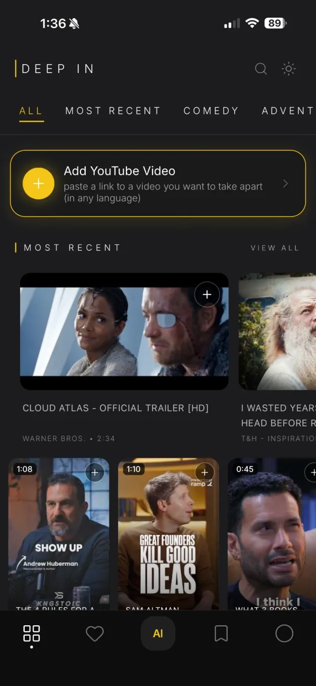 Home screen with an Add YouTube Video card above the most recent videos