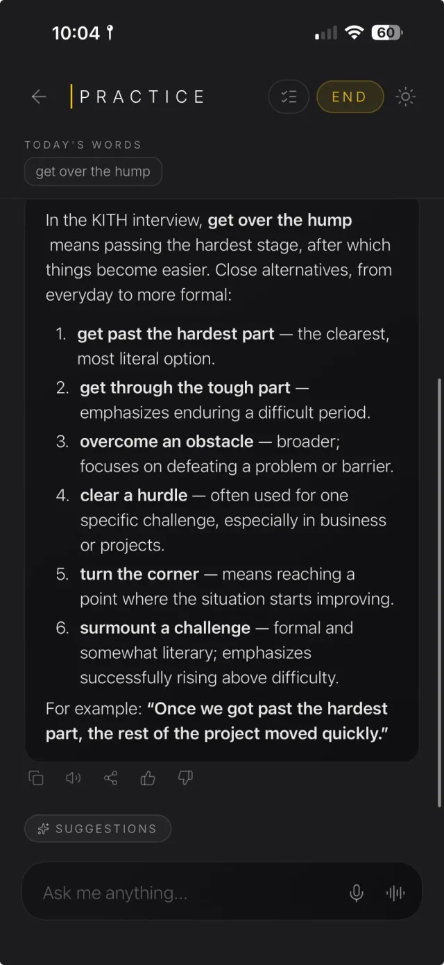 Solomia explains 'get over the hump' as used in the interview and lists close alternatives